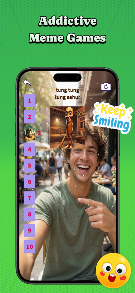 Italian Brainrot Soundboard AR - Smartphone displaying the AR meme game mode of the Italian Brainrot Soundboard app with a funny character overlay
