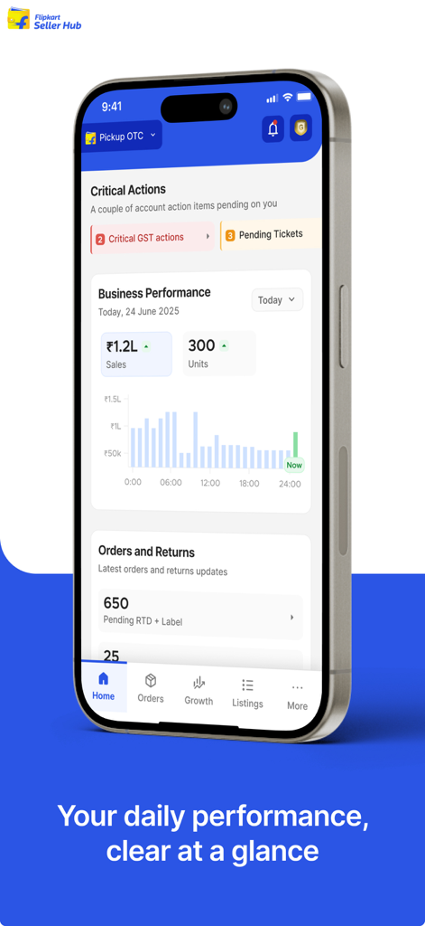 Flipkart Seller Hub - Flipkart Seller Hub mobile app business performance dashboard