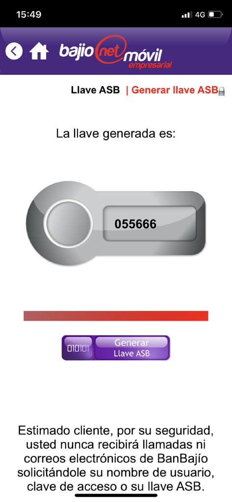 Pantalla de generación de token de seguridad mostrando una clave ASB numérica en la app Bajionet Móvil Empresarial