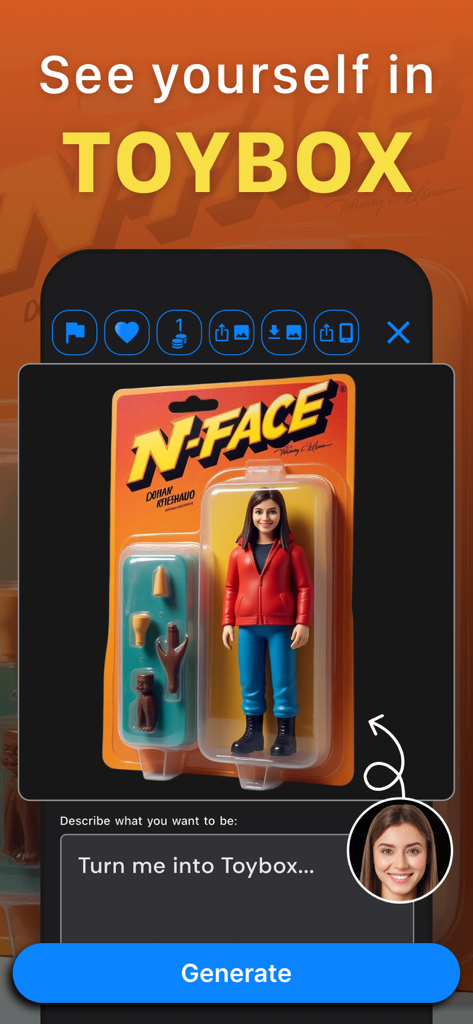 Photo Face Swap AI Editor App - AI generated action figure in a toy box with a swapped face from a user photo