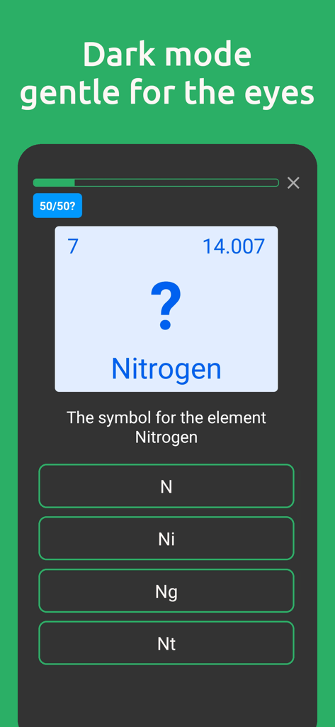 A chemistry quiz question asking for the chemical symbol of Nitrogen shown in dark mode.