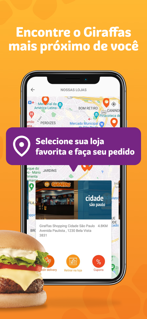 Interfaccia dell'app mobile Giraffas che mostra una mappa per trovare ristoranti nelle vicinanze e selezionare un negozio per ordinare.
