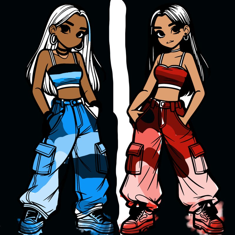 2 teen girls wearing baggy cargo jeans and crop tops