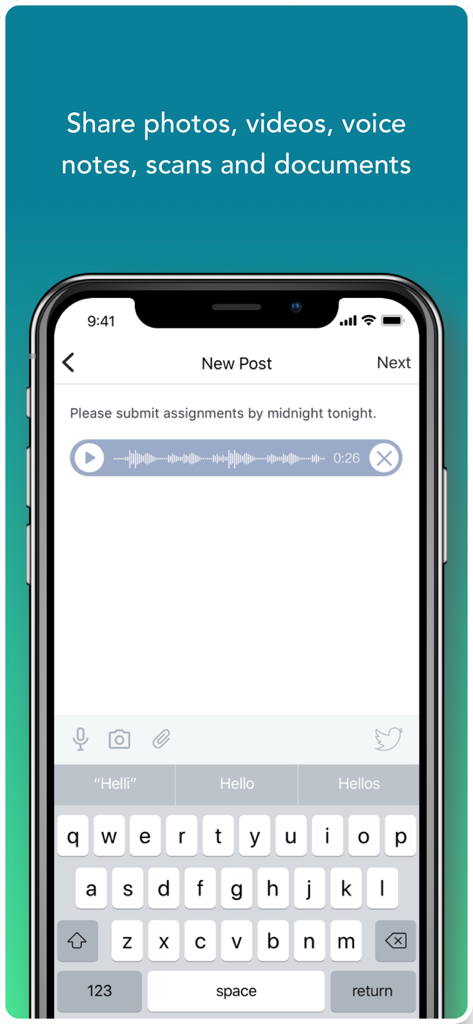 MyU - Interactive Learning - A mobile interface for the MyU app showing a screen to create a new post with a text reminder and an attached voice note
