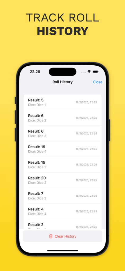 Pantalla de smartphone mostrando una lista de lanzamientos de dados pasados con marcas de tiempo en la app Just Dice