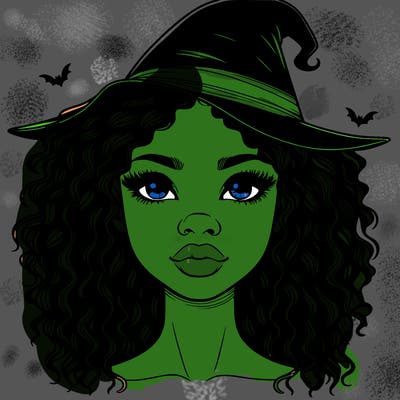 realistic black girl with wavy hair and witch hat and nose and lips