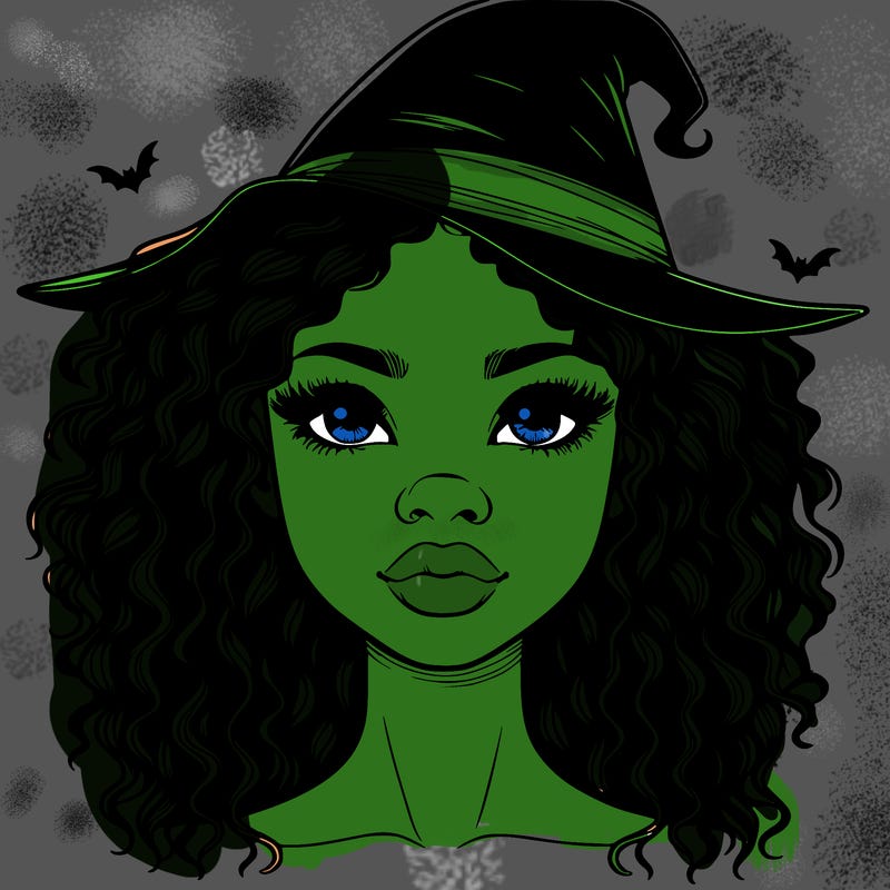 realistic black girl with wavy hair and witch hat and nose and lips