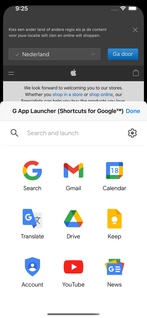 G App Launcher - Interface de G App Launcher montrant des raccourcis de services Google comme Gmail et Drive