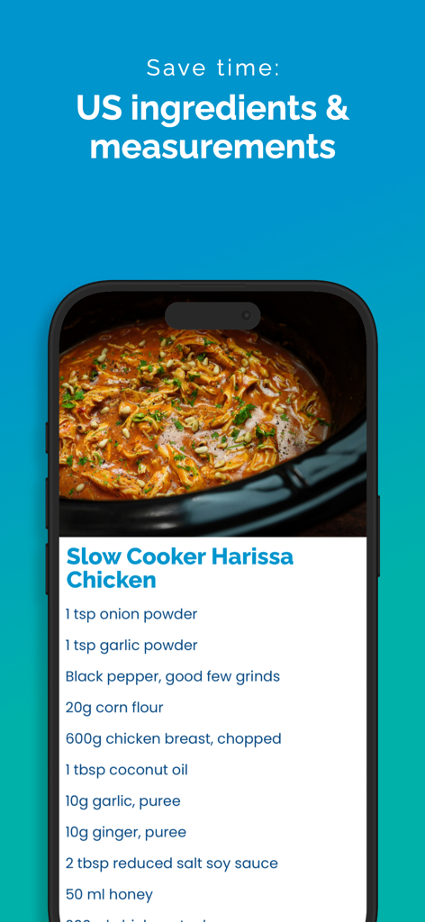 Rezeptbildschirm für Slow Cooker Harissa Chicken mit US-Zutaten und Maßen in der Food For Fitness App