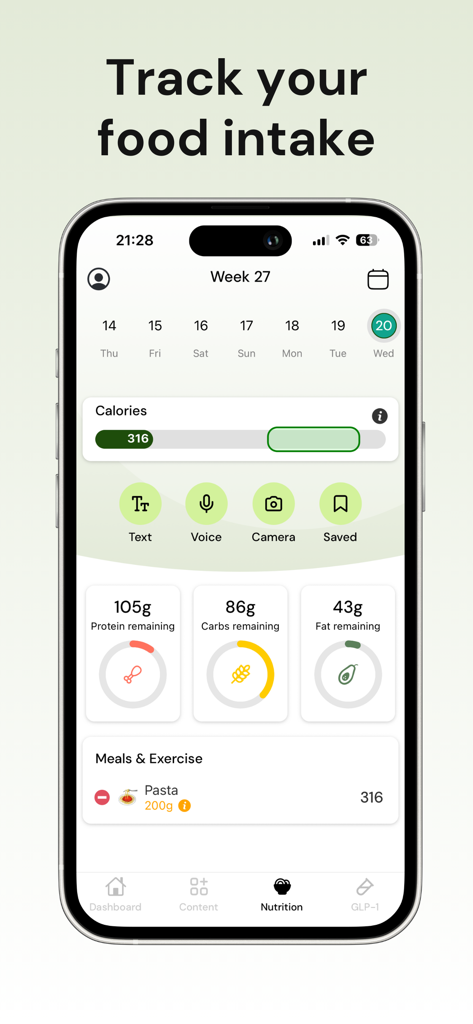 Gala GLP-1 Tracker - Nutrition tracking dashboard in the Gala GLP-1 Tracker app showing calories and macro goals