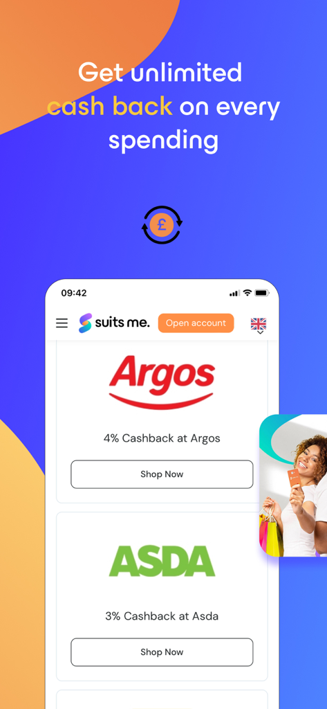 Suits Me - Banking Alternative - Benutzeroberfläche der Suits Me App, die unbegrenzte Cashback-Angebote bei Einzelhändlern wie Argos und Asda anzeigt