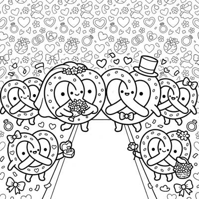Get ready to celebrate love with this absolutely adorable Kawaii Pretzels Wedding coloring page! This charming scene features cute pretzel characters exchanging vows amidst a flurry of hearts and wedding motifs, perfect for a joyful coloring experience.