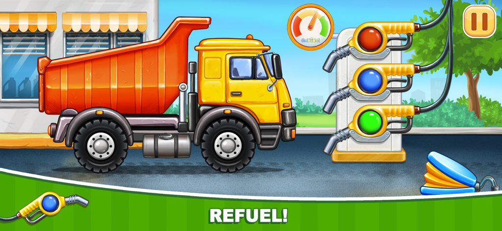 A yellow dump truck at a colorful gas station in the Car games Truck for a Building educational app for toddlers.