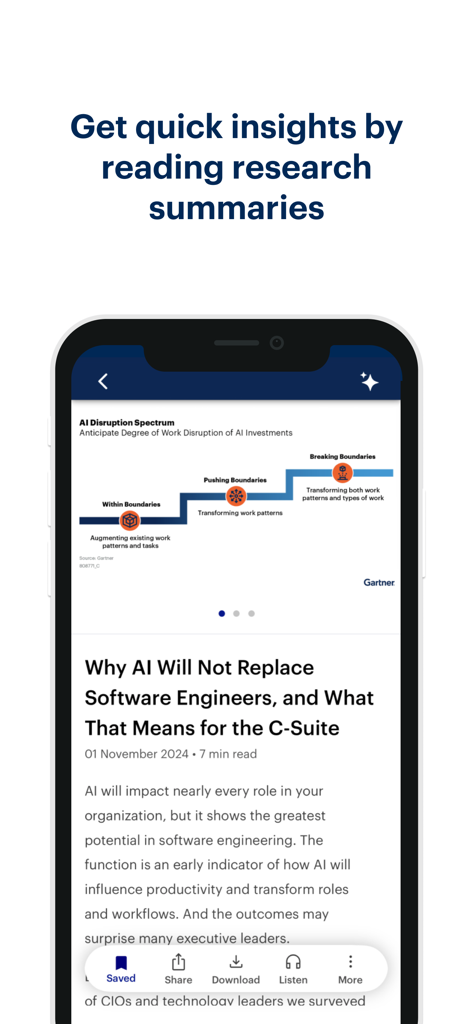 My Gartner Mobile - Un écran de smartphone affichant un résumé de recherche Gartner sur les perturbations de l'IA pour les décideurs exécutifs