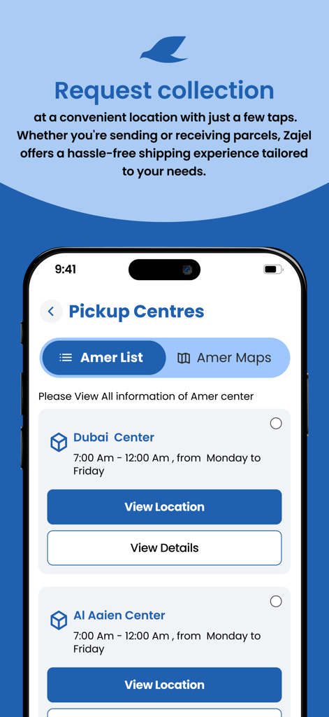 Zajel Courier Services - Mobile app screen of Zajel Courier Services showing a list of pickup centers and collection request options.