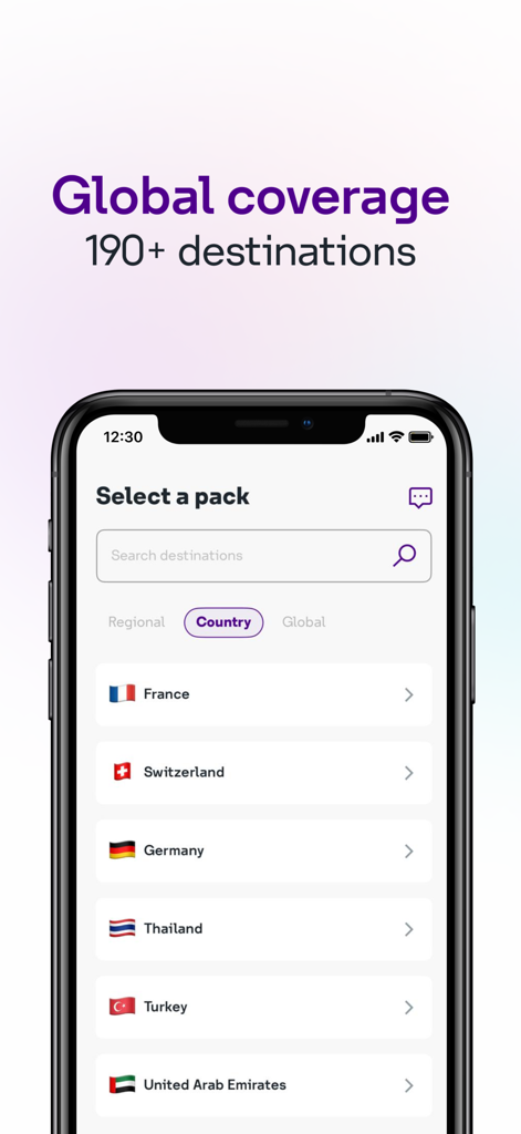 rova from stc - Mobile App-Bildschirm von Rova von STC, der die globale eSIM-Abdeckung und eine Liste der verfügbaren Länderdatentarife anzeigt