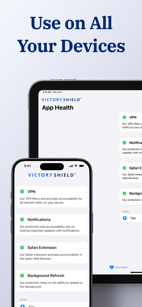 Victory Shield - Victory Shield app health status displayed on iPhone and iPad devices