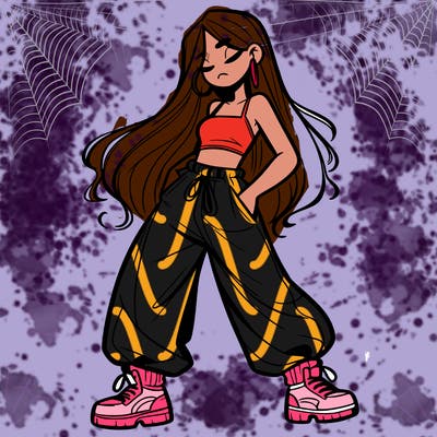 girl in baggy pants crop top and long hair