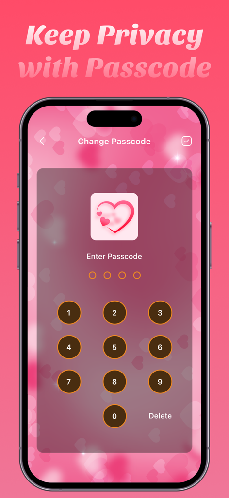 Love Tracker: Day Counter - Uma interface rosa do aplicativo Love Tracker mostrando uma tela de senha numérica para privacidade do relacionamento.