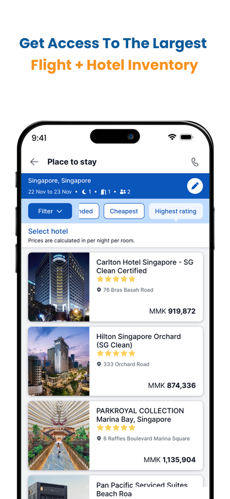 シンガポールのホテルのリストとミャンマーチャットでの価格が表示されたOway Travelアプリのスマートフォンスクリーン