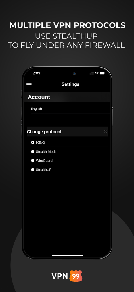 Interface of VPN99 app showing selection of VPN protocols including WireGuard and StealthUP.