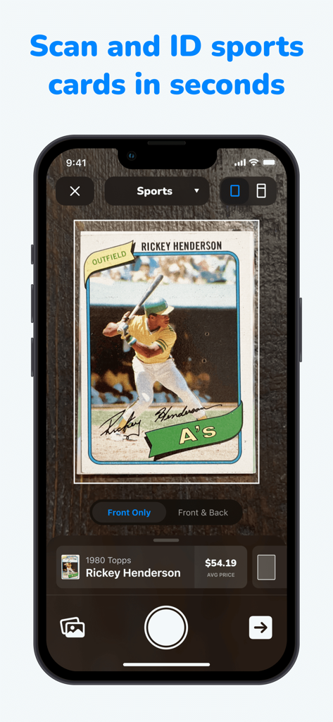 CollX: Sports Card Scanner - A smartphone using the CollX app to scan a 1980 Topps Rickey Henderson baseball card and displaying its market value.