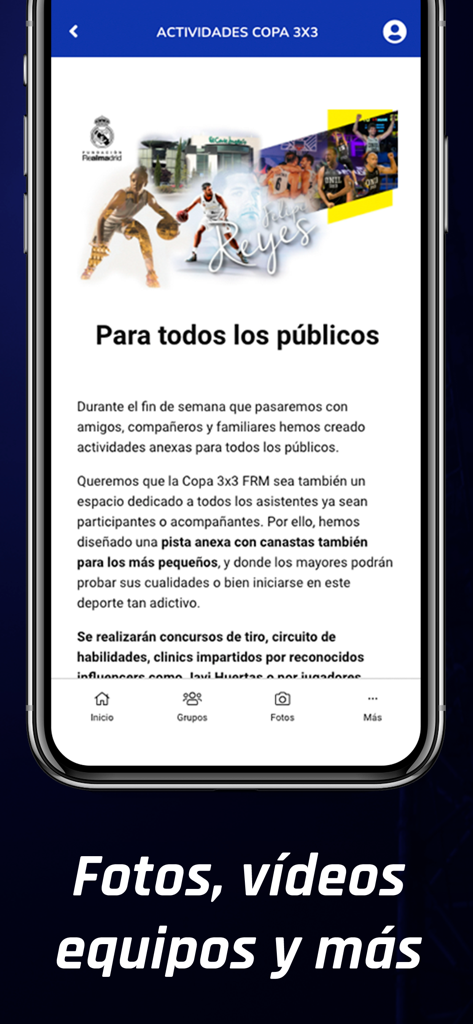 Copa 3x3 Fundación Real Madrid - Activities screen of the Copa 3x3 Fundacion Real Madrid app showing basketball events for all audiences