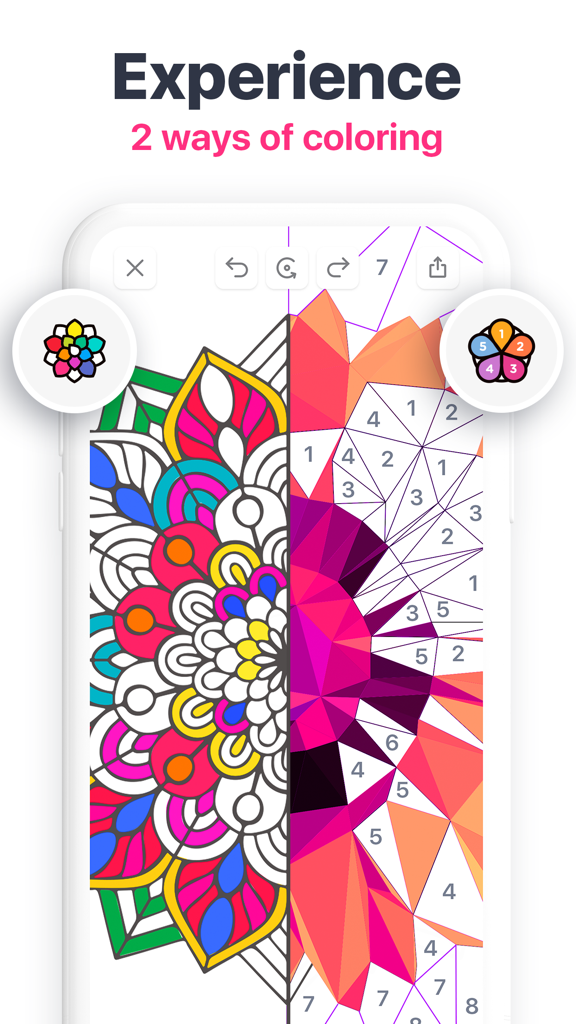 Tap & Color - Coloring book - Tap and Color app interface showing free coloring and color by number modes