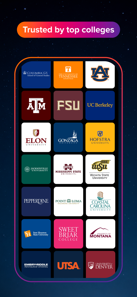 ZeeMee: Meet College Friends - Una pantalla de aplicación móvil que muestra una cuadrícula de logotipos de las principales facultades y universidades de EE. UU. que confían en ZeeMee.