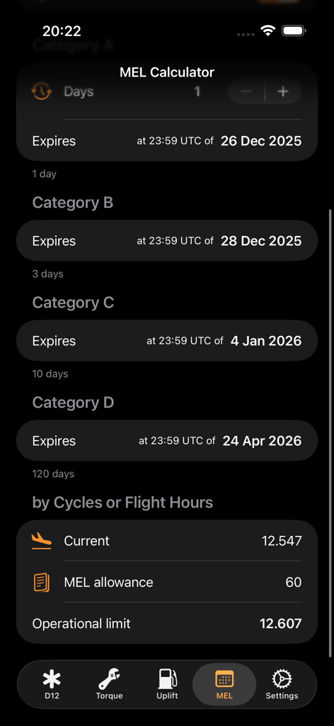 easyB1 - easyB1アプリのMEL計算機のインターフェース。メンテナンスカテゴリと飛行時間制限の有効期限を表示しています。