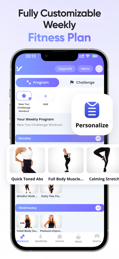 VitaliT by Fabulous50s - Interfaccia dell'app VitaliT che mostra un piano di fitness settimanale completamente personalizzabile con allenamenti mirati per donne di mezza età