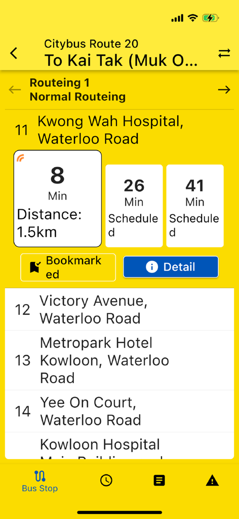 Citybus Lite - Citybus Lite app interface displaying bus arrival times and upcoming stops with large text and high-contrast yellow background for accessibility