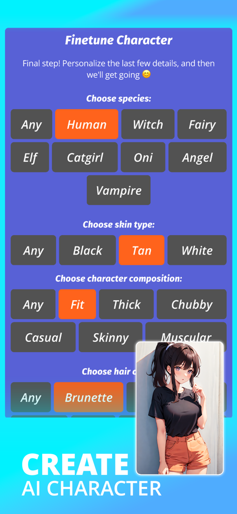 AI Girlfriend Roleplay: AVA - Interfaz para personalizar un personaje de IA que muestra opciones de especie, tipo de piel y composición corporal con una vista previa de una chica anime.