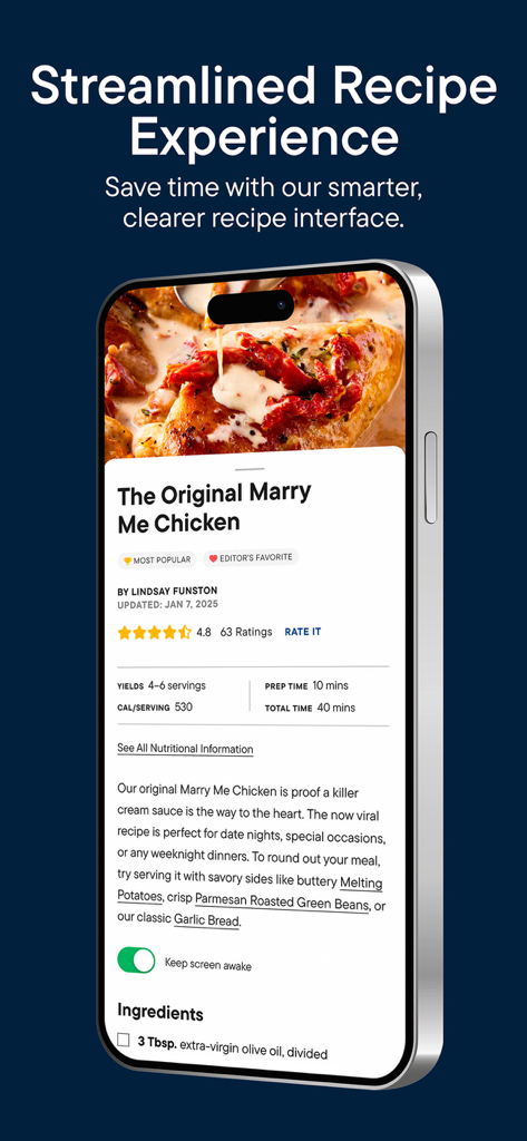Delish: Original Fun Recipes - Eine klare und optimierte Rezeptoberfläche auf der Delish-Mobil-App, die "Marry Me Chicken" mit Zubereitungszeiten und Bewertungen anzeigt