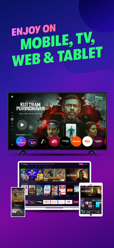 OTTplay Anwendungsoberfläche, angezeigt auf einem Smart-TV, Laptop, Tablet und Mobiltelefon