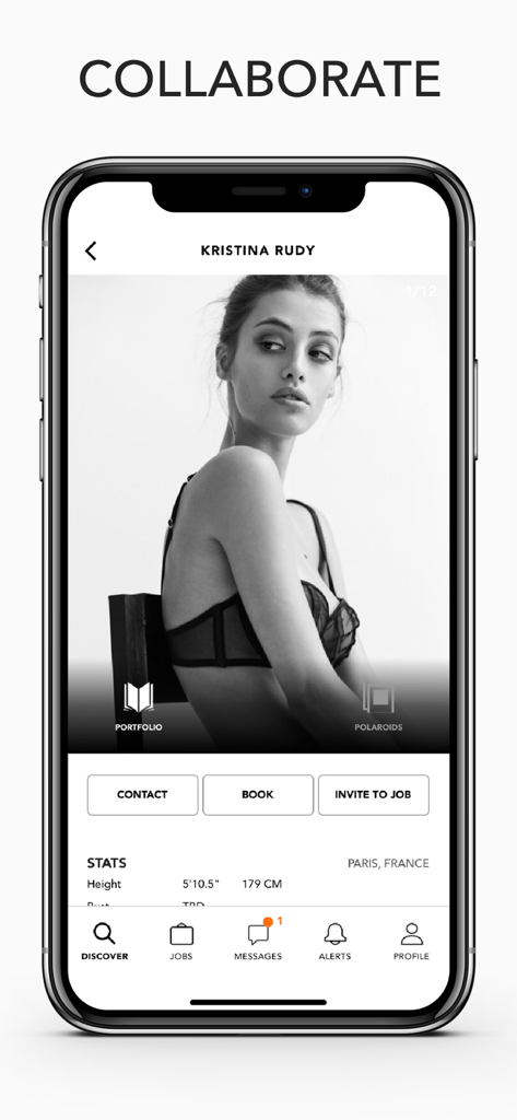 Swipecast app interface showing a model profile with options to contact and book for professional collaborations.