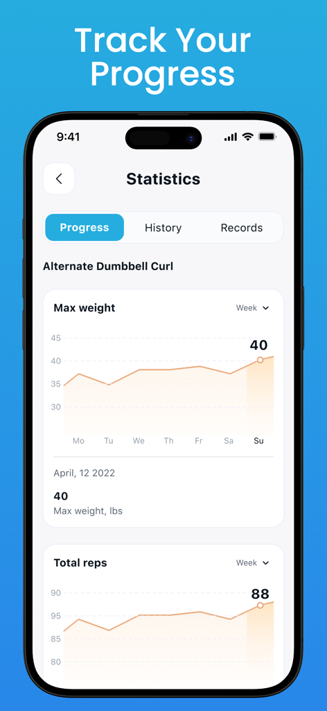 Fitlist app screenshot showing workout statistics and progress charts for weight and reps
