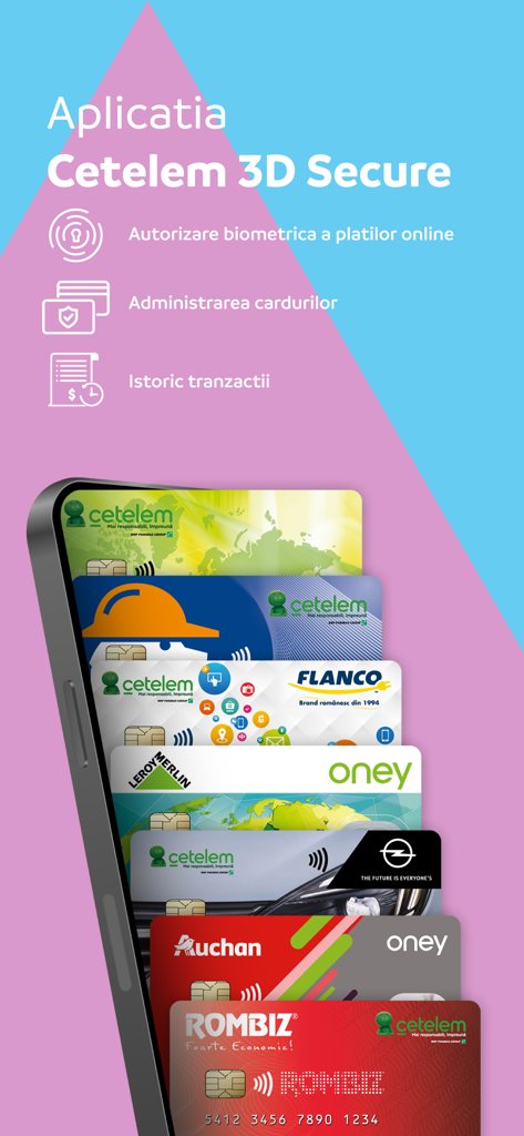 App Cetelem 3D Secure che mostra l'autorizzazione dei pagamenti biometrici e le carte di credito gestite