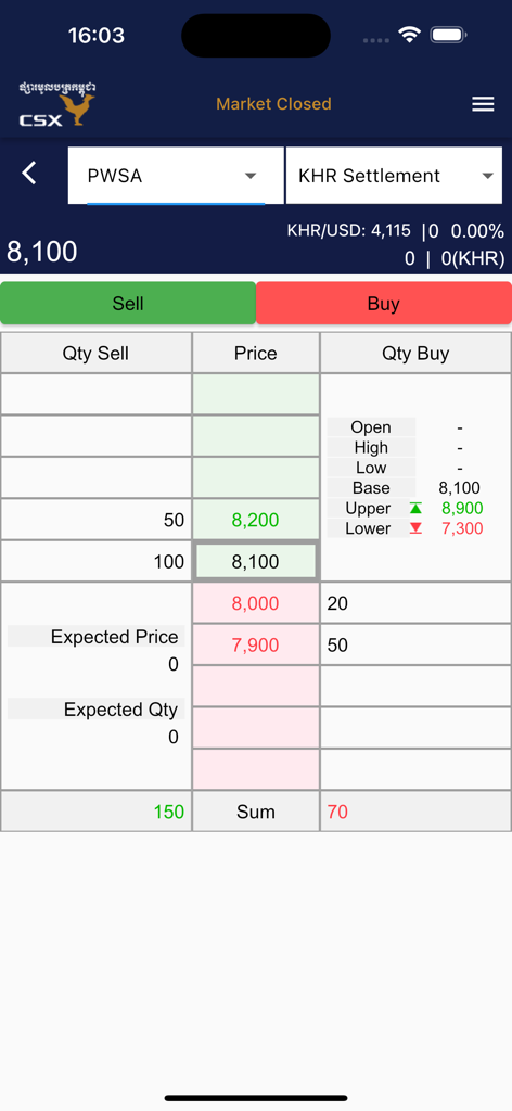 Interfaccia dell'app mobile CSX Trade che mostra un libro ordini di azioni con prezzi di acquisto e vendita per la Borsa della Cambogia