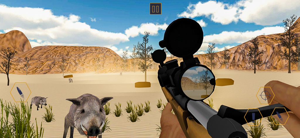 Deer Hunter Animal Simulator - Vista en primera persona de apuntar un rifle de francotirador a un jabalí en una simulación de caza en el desierto