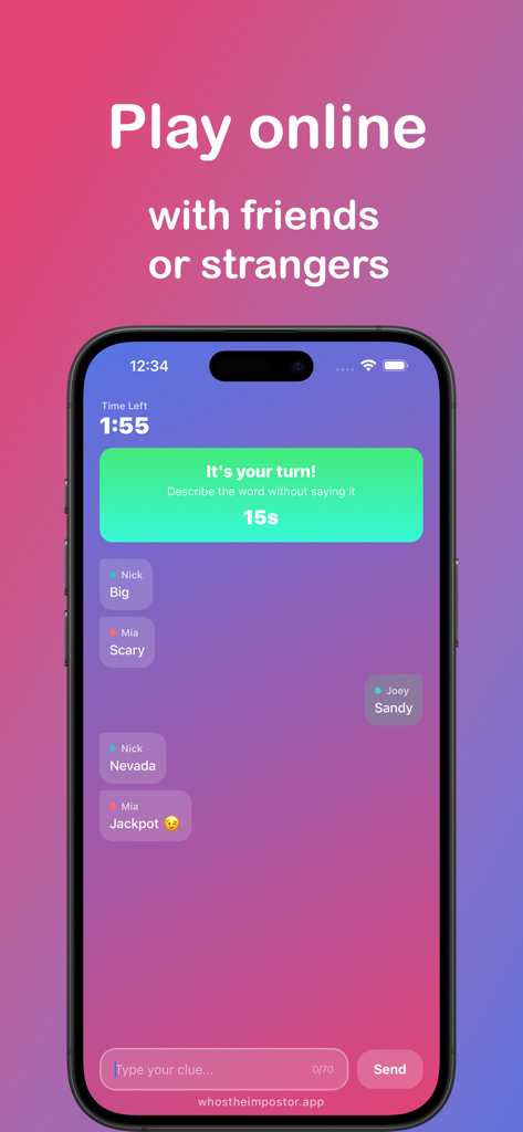 Interface du mode de jeu en ligne dans Qui est l'imposteur montrant les indices des joueurs