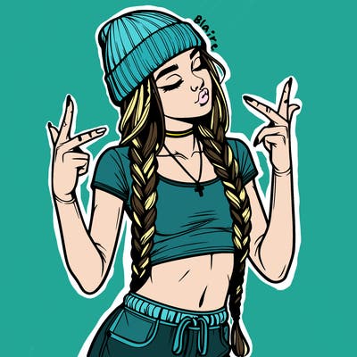 realistic teenage girl with braids and a beanie and crop top doing 🫶🏼