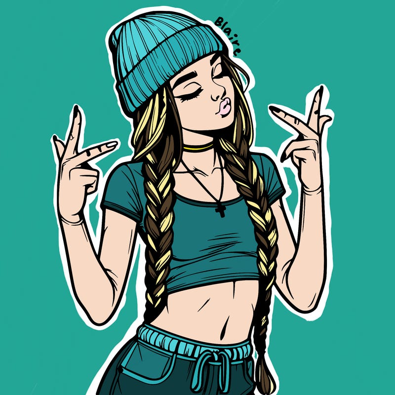 realistic teenage girl with braids and a beanie and crop top doing 🫶🏼