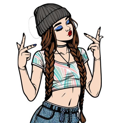 realistic teenage girl with braids and a beanie and crop top doing 🫶🏼