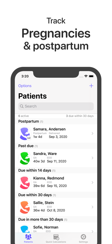 OB Tracker & Pregnancy Wheel - Patient list dashboard in the OB Tracker app displaying pregnancy and postpartum status with due dates