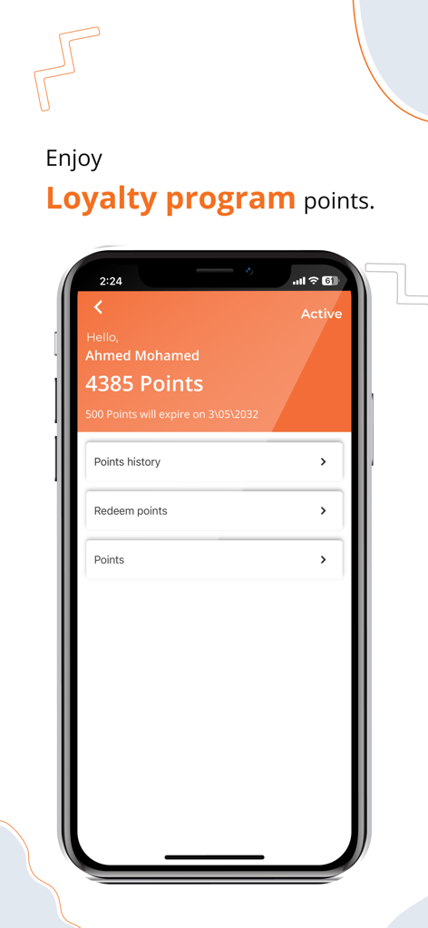 2B Egypt - Schermata del programma fedeltà dell'app mobile 2B Egitto che mostra il saldo punti e le opzioni di riscatto