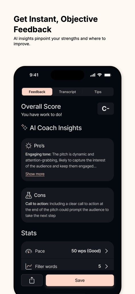 CoachCraft: AI Sales Trainer - Mobile app interface of CoachCraft showing AI feedback on a sales pitch including overall score and performance insights