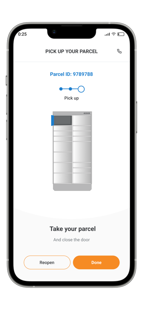 Unlock Point SLM - Pantalla del smartphone que muestra el último paso de recogida de un paquete con un compartimento de taquilla resaltado y un botón para finalizar el proceso