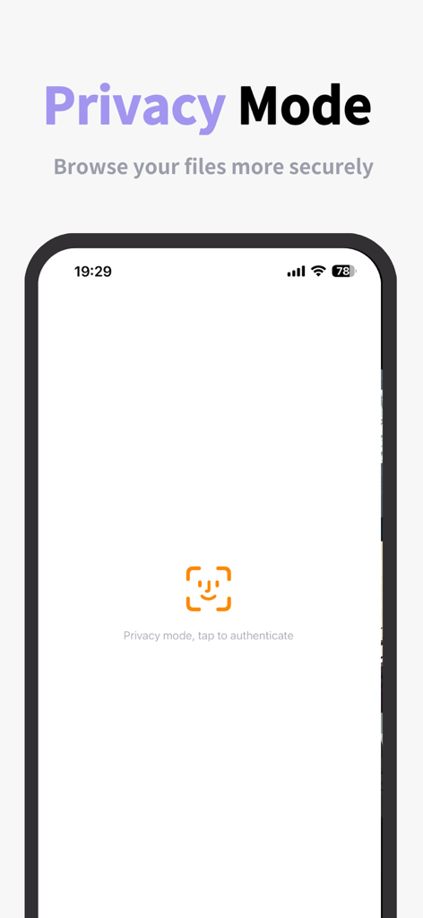 Comic Reader - NoxWing - NoxWing 앱 개인 정보 보호 모드 화면으로 안전한 파일 검색을 위한 Face ID 잠금 기능이 특징입니다.