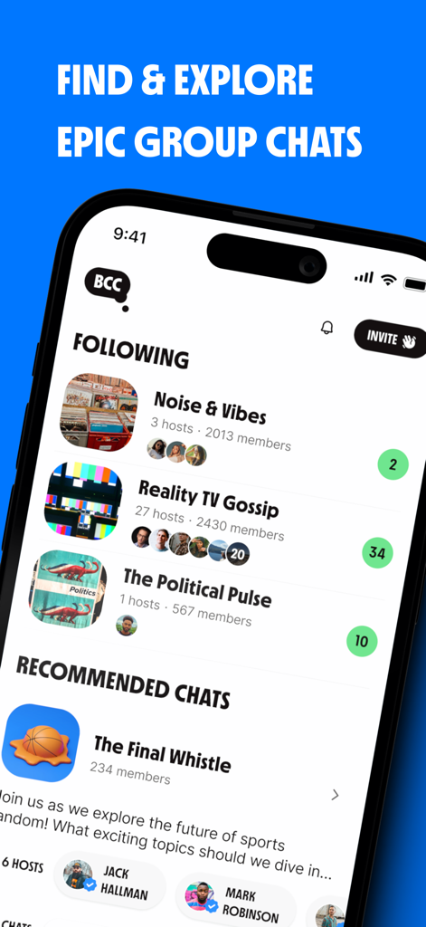 ChatBCC mobile app interface displaying various community group chats for users to explore and join.